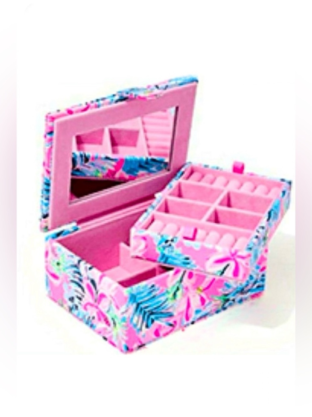Lilly Pulitzer Jewelry Box Cockatoo Pink Pretty-in-Pink –Removable Tray & Mirror